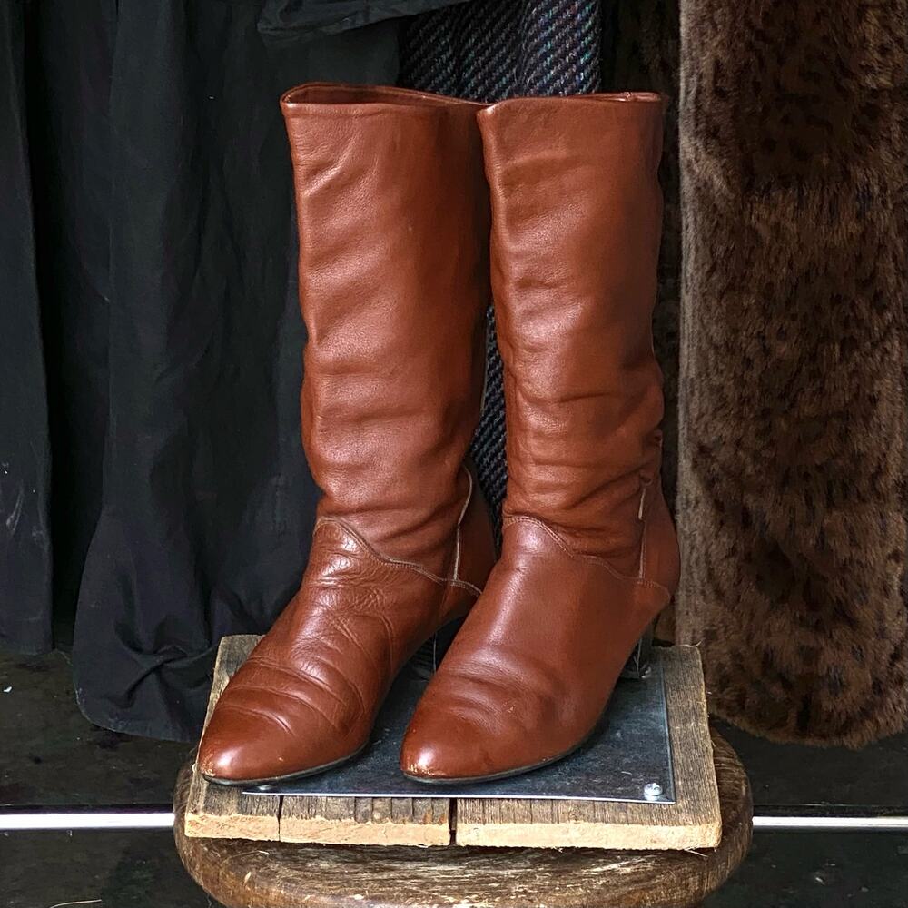 80s 100% Leather Chestnut Brown Mid-Calf Boots